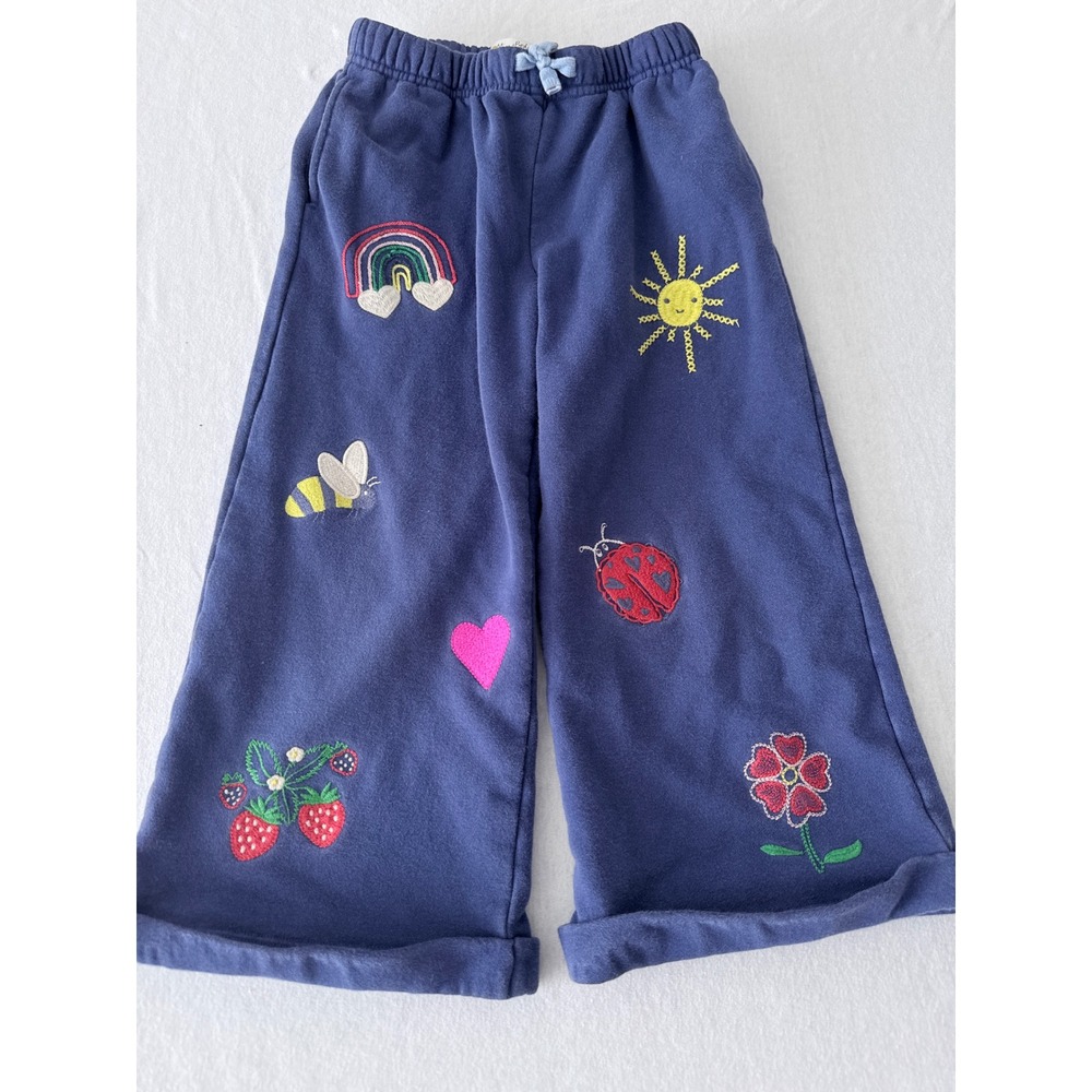 Mini Boden Embroidered Sweatpants Kids 7Y Blue Rainbow Sun Bee Ladybug Wide Leg